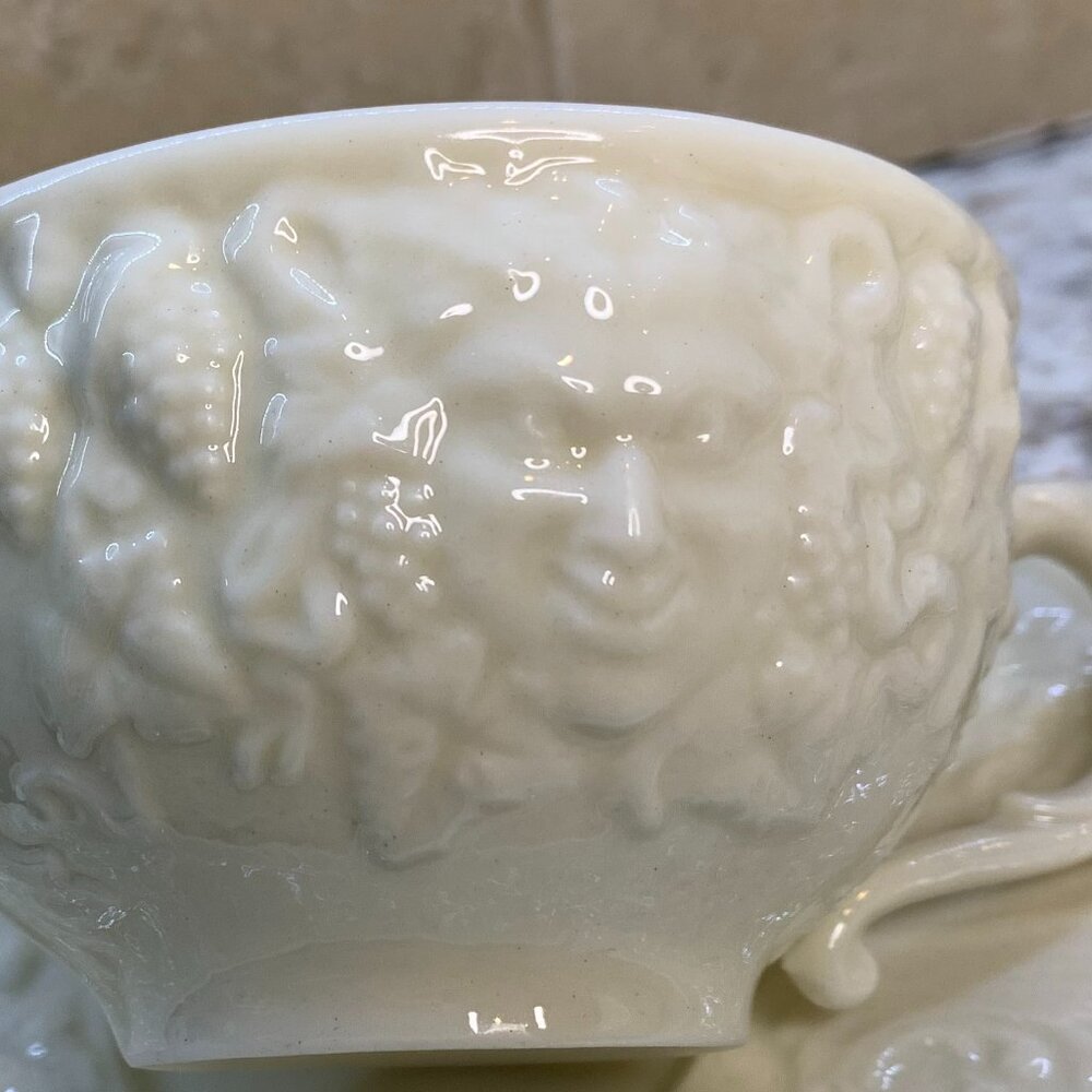 Belleek Bacchus or Mask Pattern Teacups and Saucers - set of 2